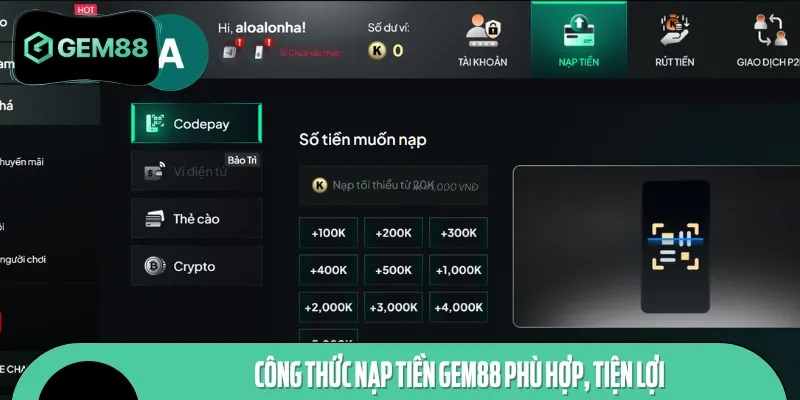 Công thức nạp tiền GEM88 phù hợp, tiện lợi